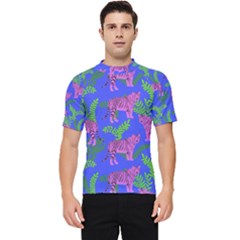 Pink Tigers On A Blue Background Men s Short Sleeve Rash Guard by SychEva