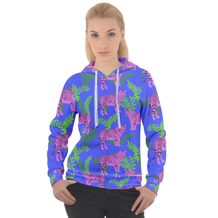 Pink Tigers On A Blue Background Women s Overhead Hoodie
