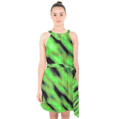 Green  Waves Abstract Series No7 Halter Collar Waist Tie Chiffon Dress by DimitriosArt