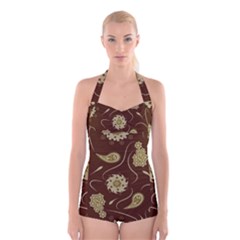 Floral Pattern Paisley Style  Boyleg Halter Swimsuit  by Eskimos