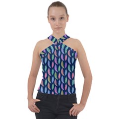 Colorful Feathers Cross Neck Velour Top by SychEva