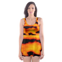 Orange Waves Abstract Series No2 Skater Dress Swimsuit by DimitriosArt