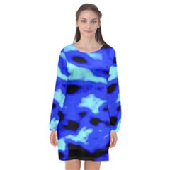Blue Waves Abstract Series No11 Long Sleeve Chiffon Shift Dress  by DimitriosArt