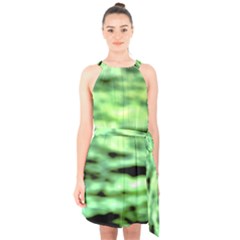 Green  Waves Abstract Series No13 Halter Collar Waist Tie Chiffon Dress by DimitriosArt