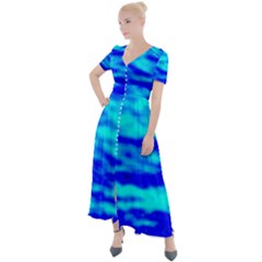 Blue Waves Abstract Series No12 Button Up Short Sleeve Maxi Dress by DimitriosArt