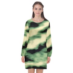 Green  Waves Abstract Series No14 Long Sleeve Chiffon Shift Dress  by DimitriosArt