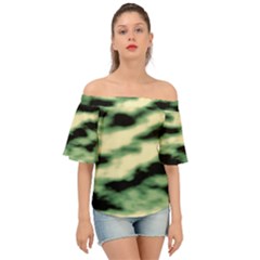 Green  Waves Abstract Series No14 Off Shoulder Short Sleeve Top by DimitriosArt