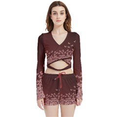 Red Gradient Butterflies Pattern, Nature Theme Velvet Wrap Crop Top And Shorts Set by Casemiro