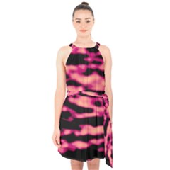 Pink  Waves Abstract Series No2 Halter Collar Waist Tie Chiffon Dress by DimitriosArt