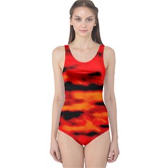 Red  Waves Abstract Series No16 One Piece Swimsuit by DimitriosArt