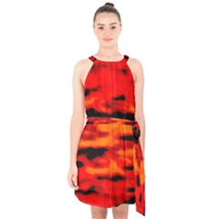 Red  Waves Abstract Series No16 Halter Collar Waist Tie Chiffon Dress by DimitriosArt