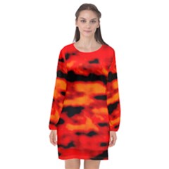 Red  Waves Abstract Series No16 Long Sleeve Chiffon Shift Dress  by DimitriosArt