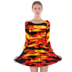 Red  Waves Abstract Series No17 Long Sleeve Skater Dress by DimitriosArt