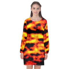 Red  Waves Abstract Series No18 Long Sleeve Chiffon Shift Dress  by DimitriosArt