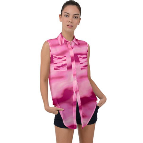 Pink  Waves Flow Series 4 Sleeveless Chiffon Button Shirt by DimitriosArt