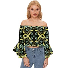 Floral Folk Damask Pattern Fantasy Flowers  Off Shoulder Flutter Bell Sleeve Top by Eskimos