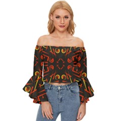 Abstract Pattern Geometric Backgrounds   Off Shoulder Flutter Bell Sleeve Top