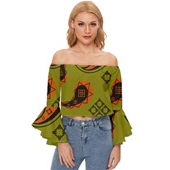 Floral Pattern Paisley Style Paisley Print  Doodle Background Off Shoulder Flutter Bell Sleeve Top by Eskimos