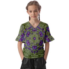Retro And Tropical Paradise Artwork Kids  V-neck Horn Sleeve Blouse by pepitasart