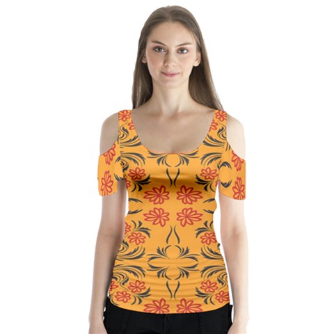 Floral Folk Damask Pattern  Butterfly Sleeve Cutout Tee  by Eskimos