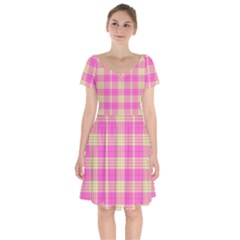 Pink Tartan 4 Short Sleeve Bardot Dress by tartantotartanspink