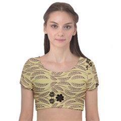 Folk Flowers Print Floral Pattern Ethnic Art Velvet Short Sleeve Crop Top 