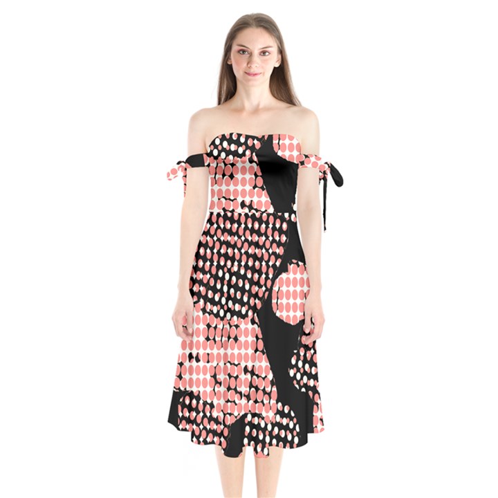 Abstrait Effet Formes Noir/Rose Shoulder Tie Bardot Midi Dress