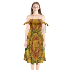 Tropical Spring Rose Flowers In A Good Mood Decorative Shoulder Tie Bardot Midi Dress by pepitasart