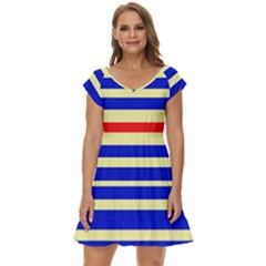 Blue And Red Stripes Yellow Short Sleeve Tiered Mini Dress by FunDressesShop