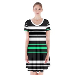 Green And White Black Stripes Short Sleeve V-neck Flare Dress by FunDressesShop