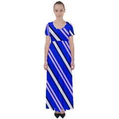 Diagonal Stripes On Blue High Waist Short Sleeve Maxi Dress by FunDressesShop