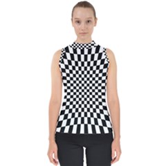 Illusion Checkerboard Black And White Pattern Mock Neck Shell Top