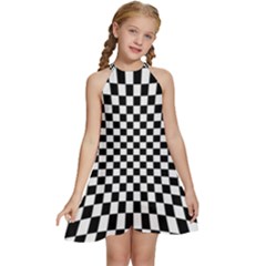 Illusion Checkerboard Black And White Pattern Kids  Halter Collar Waist Tie Chiffon Dress