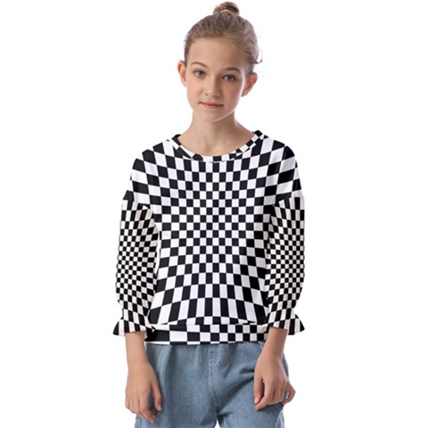 Illusion Checkerboard Black And White Pattern Kids  Cuff Sleeve Top by Nexatart