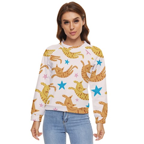Cute Cats Seamless Pattern With Stars Funny Drawing Kittens Women s Long Sleeve Raglan Tee by Jancukart