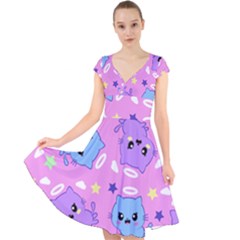 Seamless Pattern With Cute Kawaii Kittens Cap Sleeve Front Wrap Midi Dress