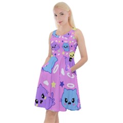 Seamless Pattern With Cute Kawaii Kittens Knee Length Skater Dress With Pockets by Jancukart