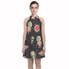 Space Pattern Cartoon Velvet Halter Neckline Dress  by Jancukart