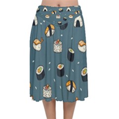 Sushi Pattern Velvet Flared Midi Skirt by Jancukart