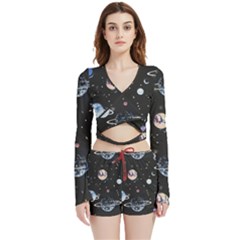 Cute-space Velvet Wrap Crop Top And Shorts Set by Jancukart