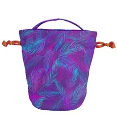 Leaf-pattern-with-neon-purple-background Drawstring Bucket Bag by Jancukart