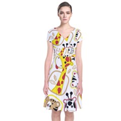 Vector-seamless-pattern-nice-animals-cartoon Short Sleeve Front Wrap Dress