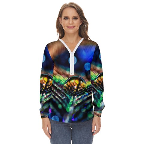 Peacock Feather Drop Zip Up Long Sleeve Blouse by artworkshop