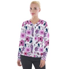 Purple-flower-butterfly-with-watercolor-seamless-pattern Velvet Zip Up Jacket by Jancukart
