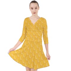 Hexagons Yellow Honeycomb Hive Bee Hive Pattern Quarter Sleeve Front Wrap Dress by artworkshop