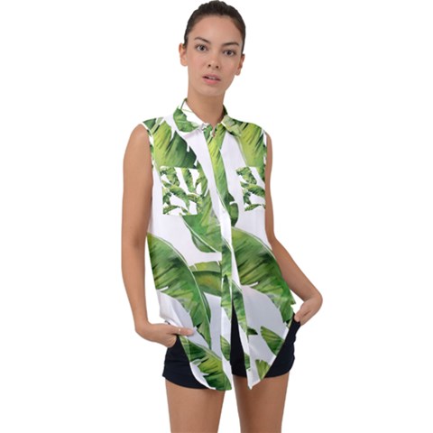 Sheets Tropical Plant Palm Summer Exotic Sleeveless Chiffon Button Shirt by artworkshop