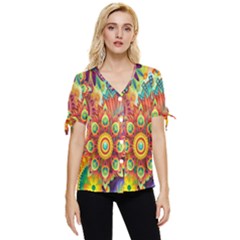 Mandalas Colorful Abstract Ornamental Bow Sleeve Button Up Top