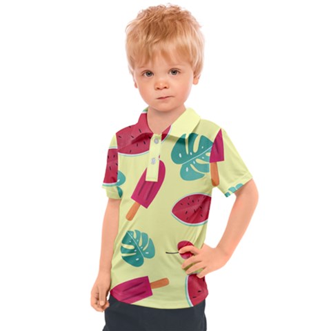Watermelon Leaves Cherry Background Pattern Kids  Polo Tee by nate14shop
