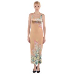 Peach Spring Frost On Flowers Fractal Fitted Maxi Dress by Artist4God