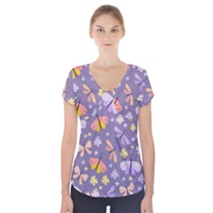 Vector-seamless-pattern-with-butterflies-beetles Short Sleeve Front Detail Top by Jancukart